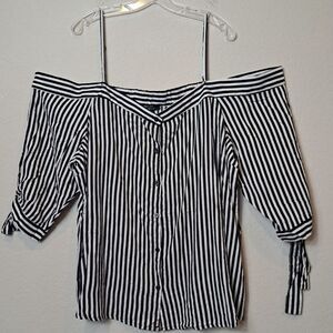 Miss Lili Plus Size Off-Shoulder Black White Striped Button-Front Blouse 3X NWT